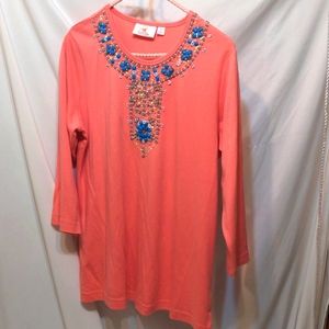 Quacker Factory womans beaded boho pink blouse size medium